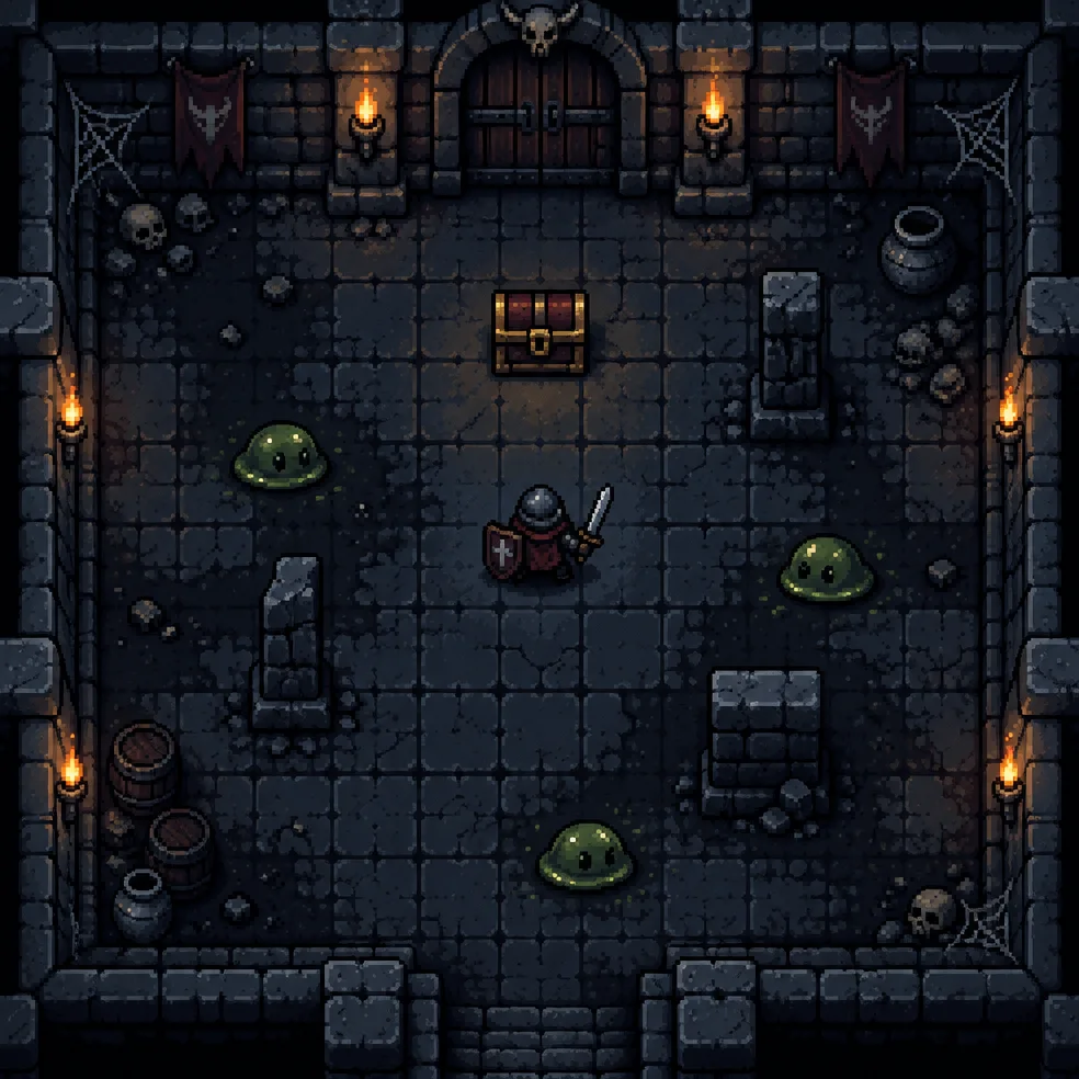 Top-down adventure game concept art in the dark pixel look