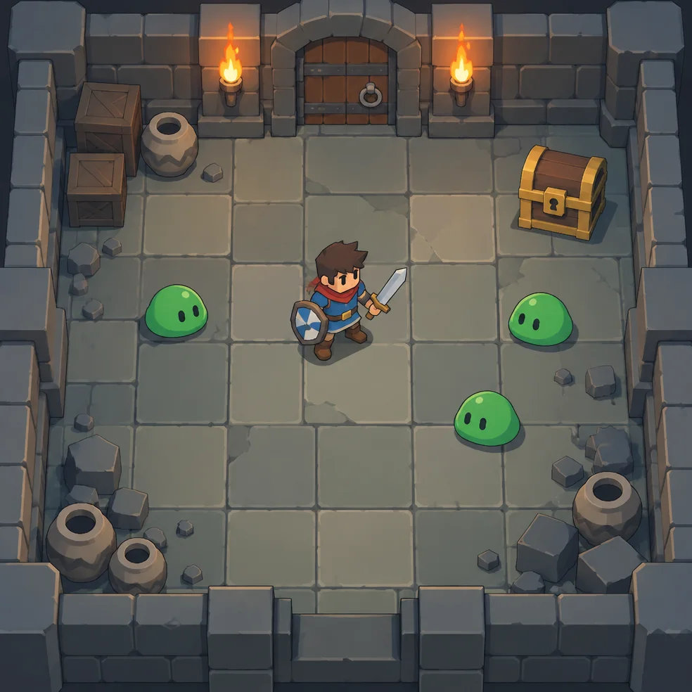 Top-down adventure game concept art in the isometric tiles look