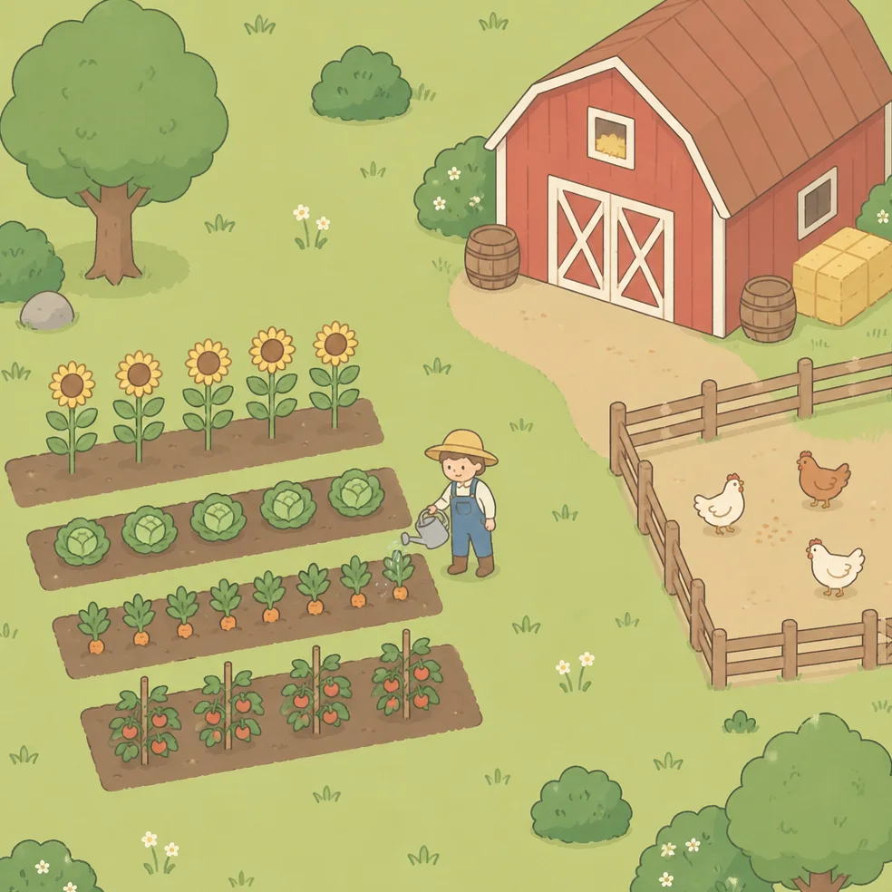Cozy farm and garden game concept art in the quiet minimal look