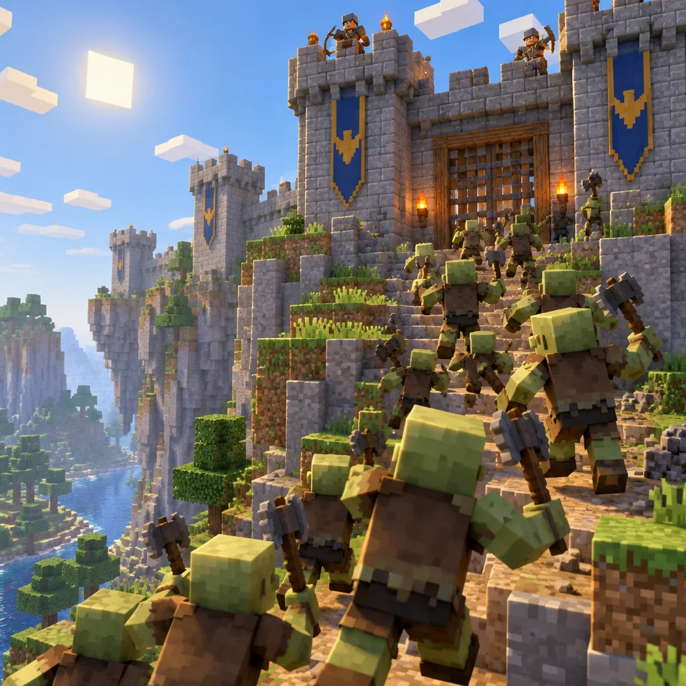 Tower defense game concept art in the voxel blocks look