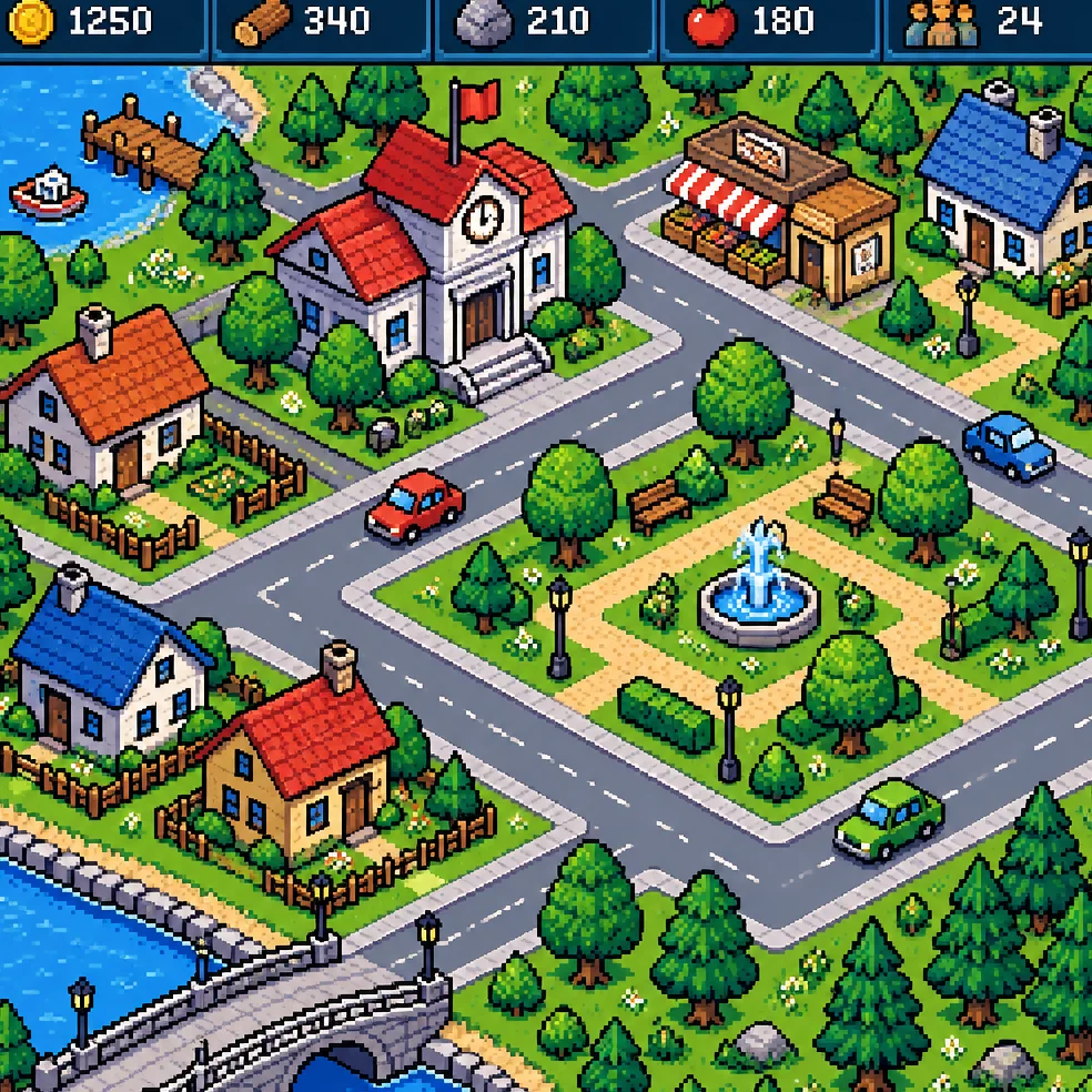 Town builder game concept art in the 16-bit pixel look