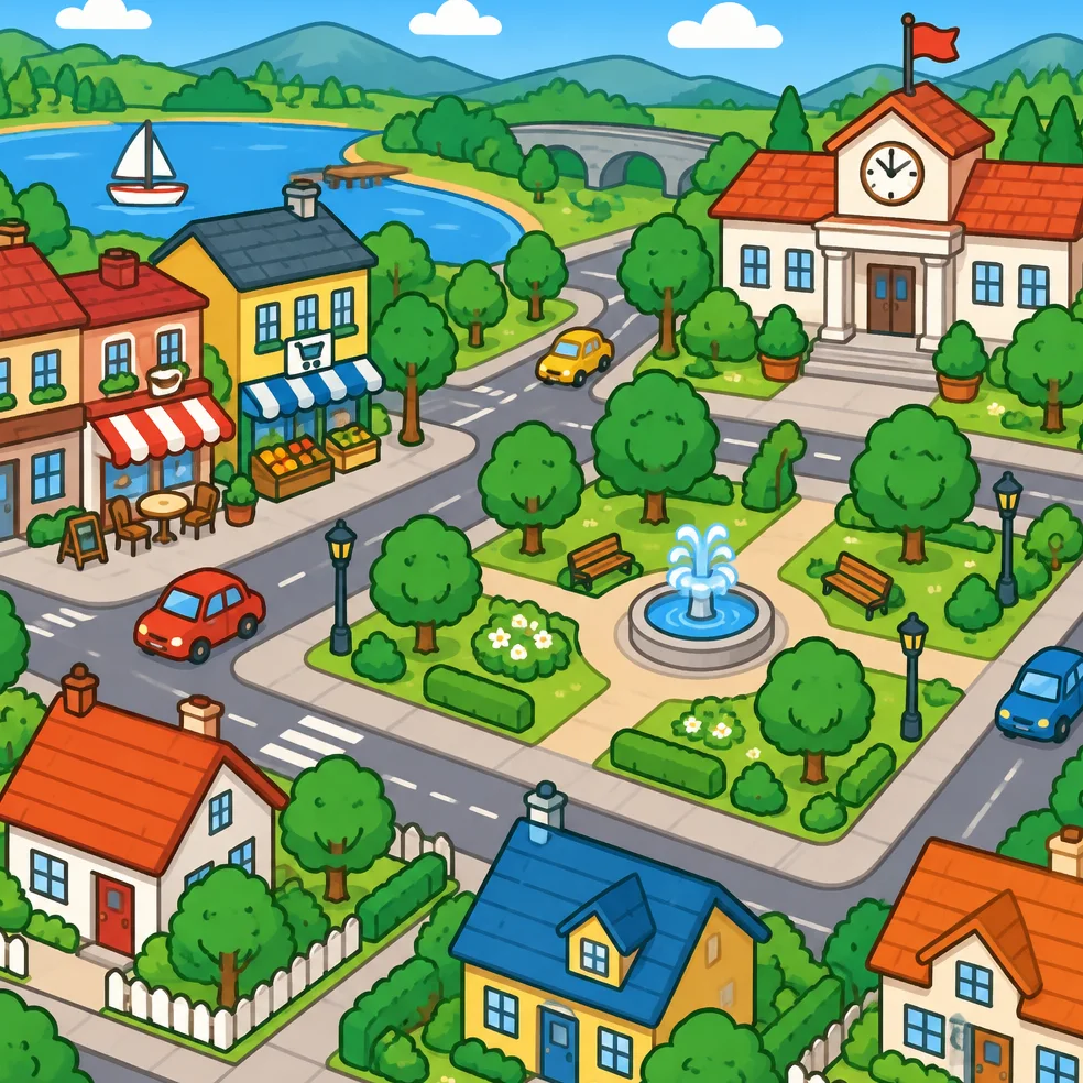 Town builder game concept art in the bright and bold look