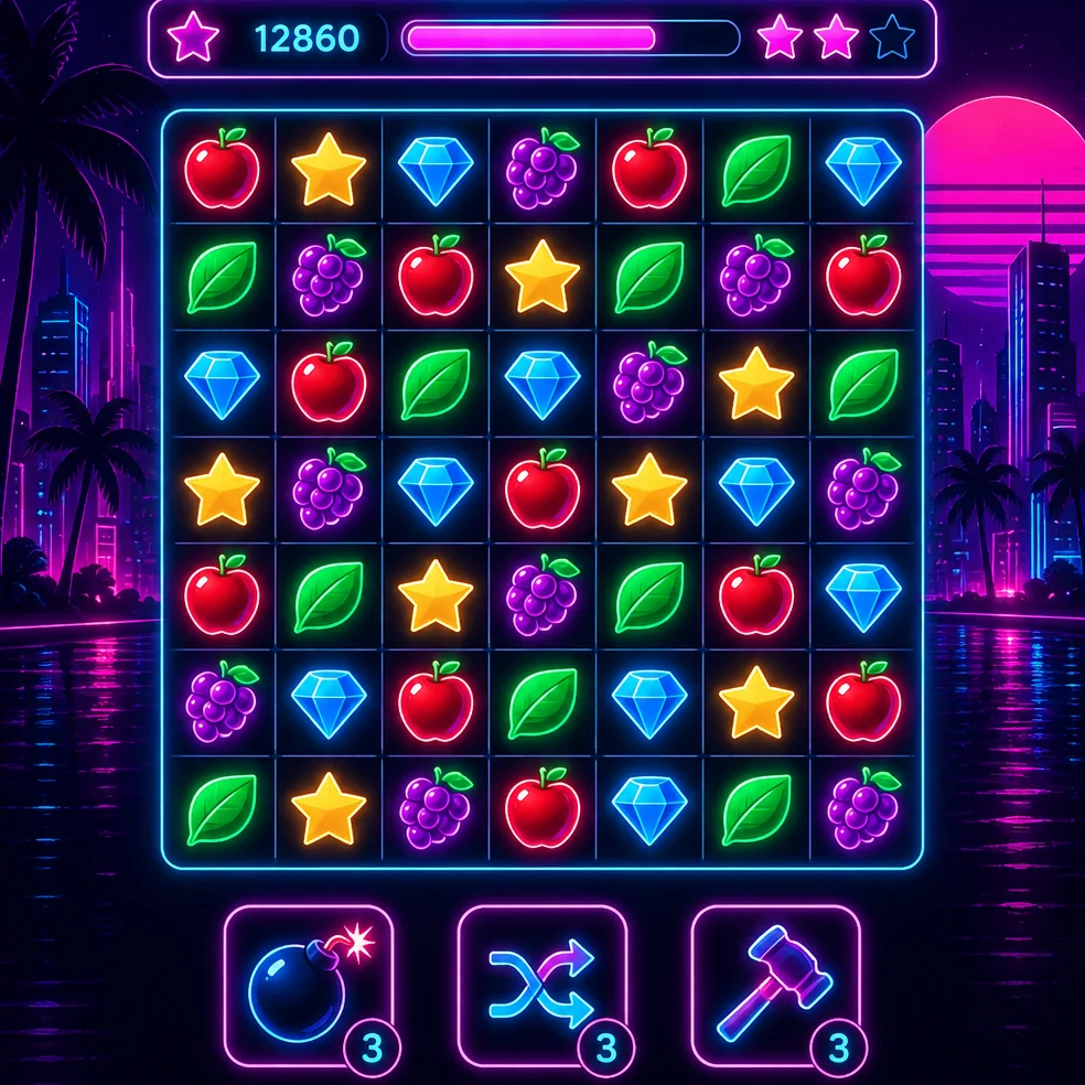 Match-3 puzzle game concept art in the neon night look