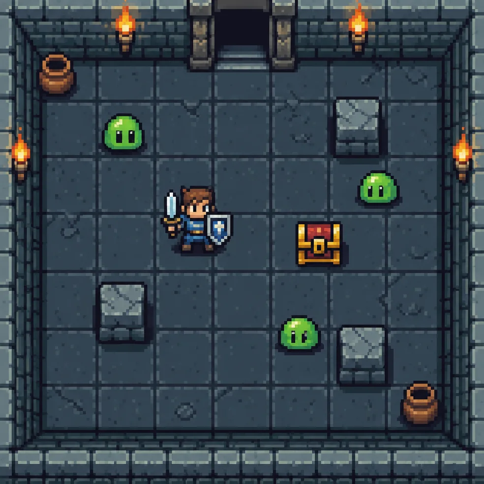 Top-down adventure game concept art in the 16-bit pixel look
