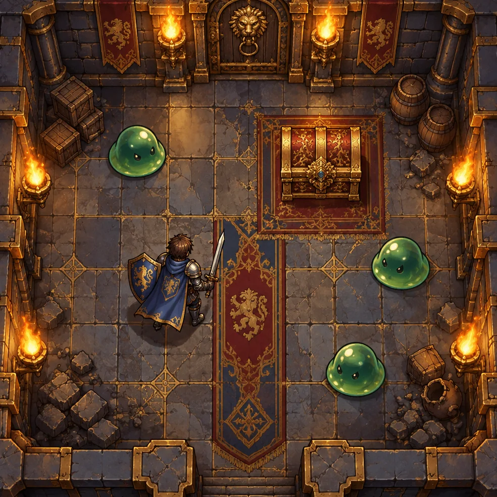 Top-down adventure game concept art in the gilded fantasy look