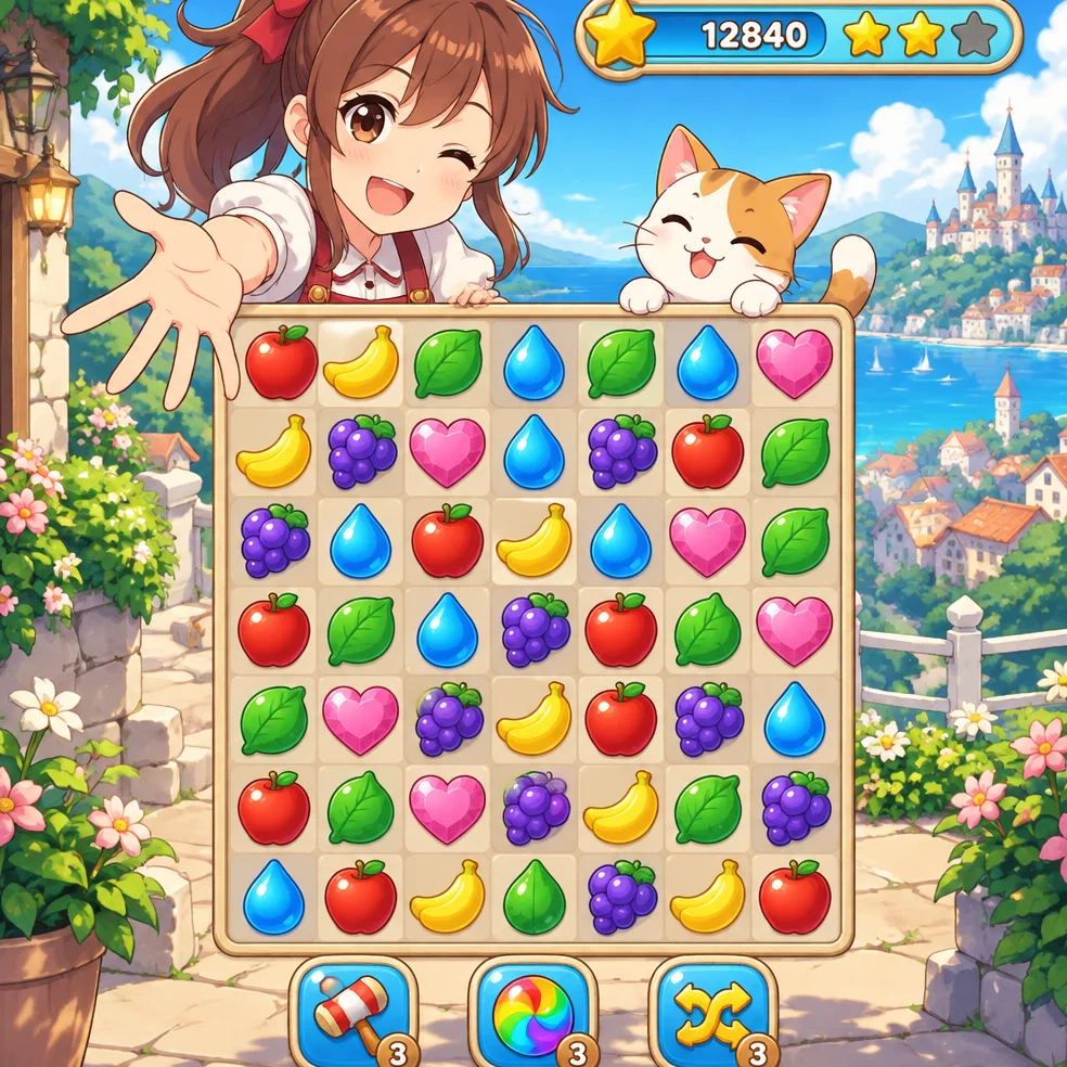 Match-3 puzzle game concept art in the anime bright look
