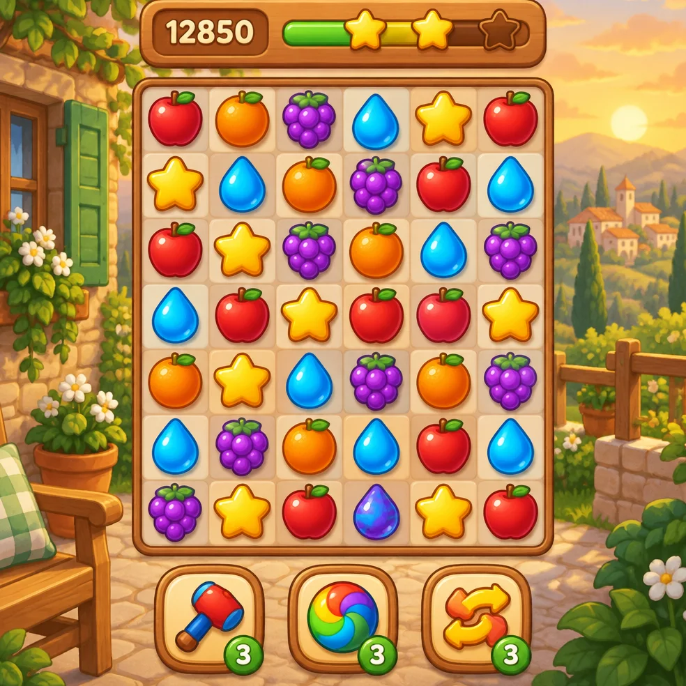 Match-3 puzzle game concept art in the cozy cartoon look