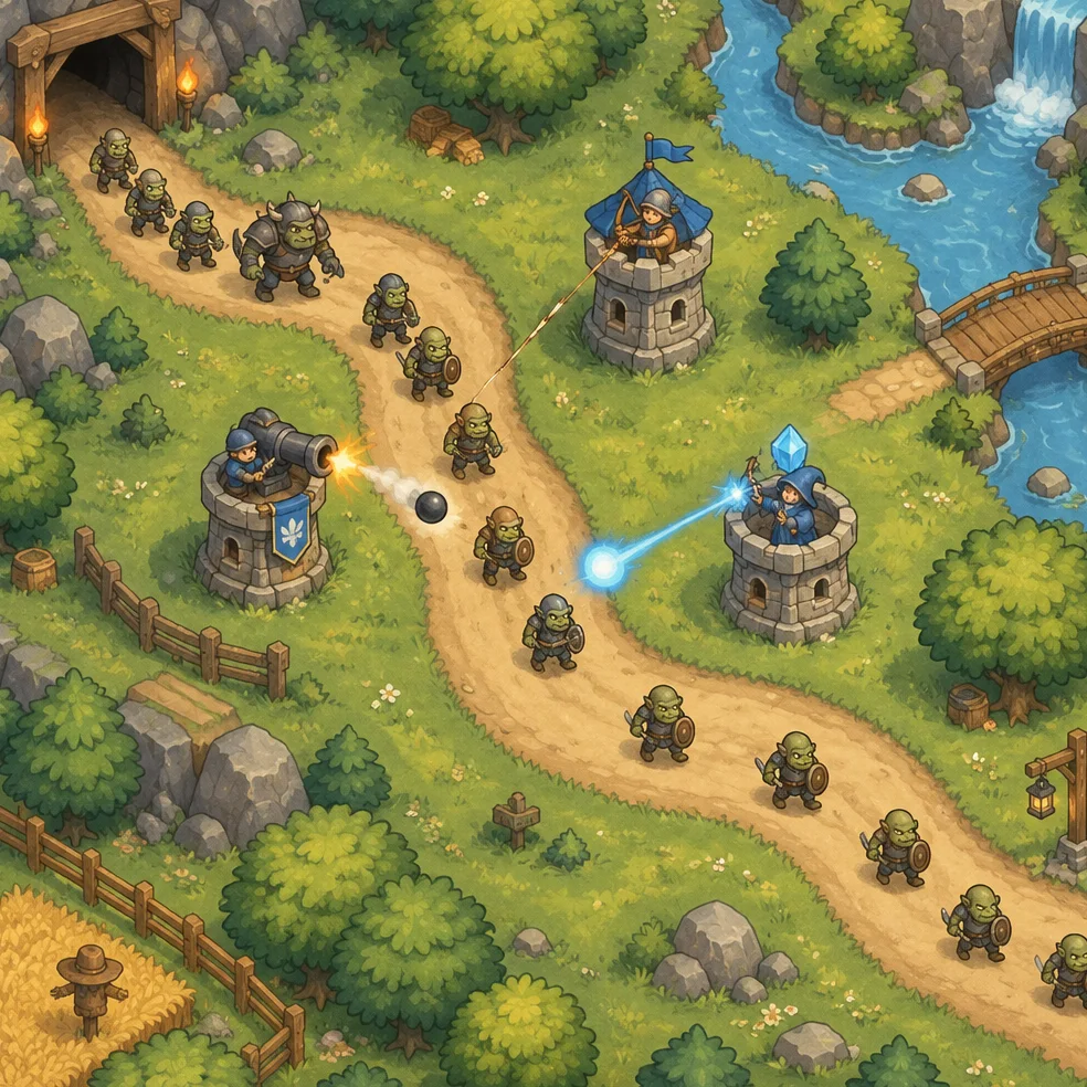 Tower defense game concept art in the painted storybook look
