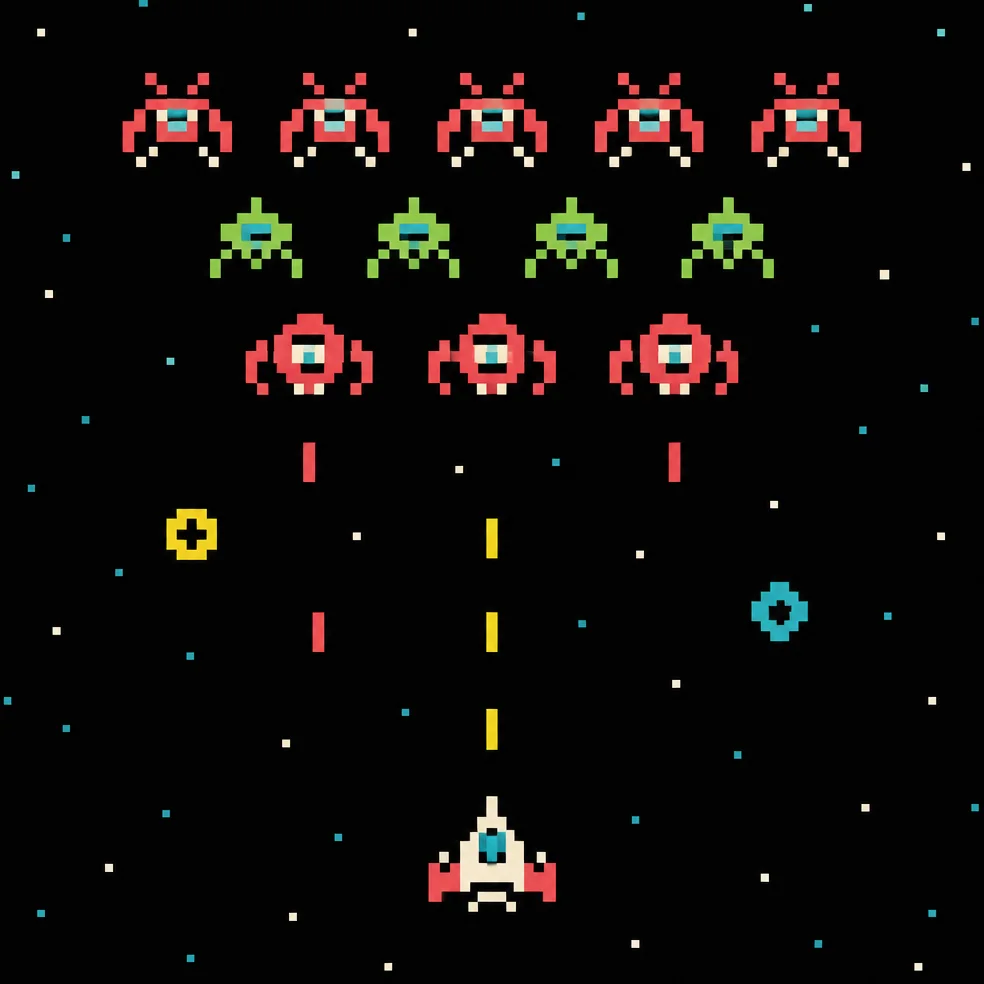 Arcade shooter game concept art in the tiny 8-bit look