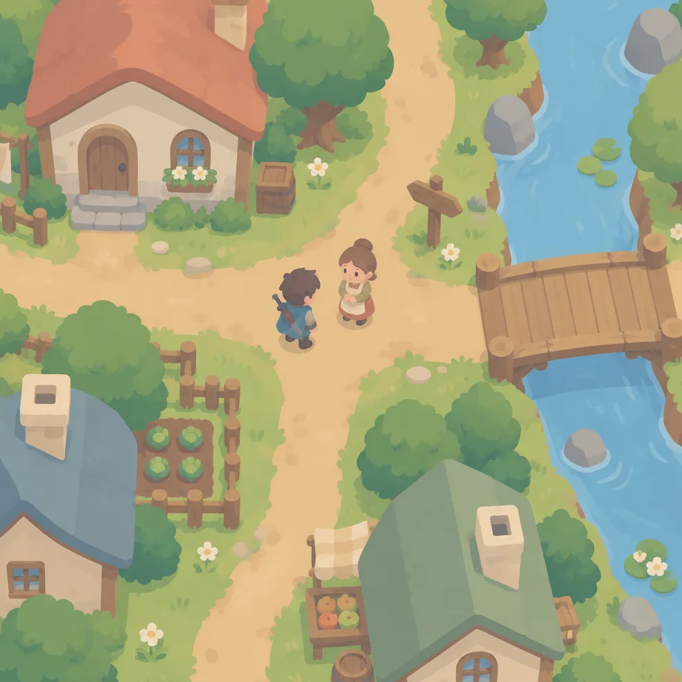 Top-down adventure game concept art in the soft pastel look