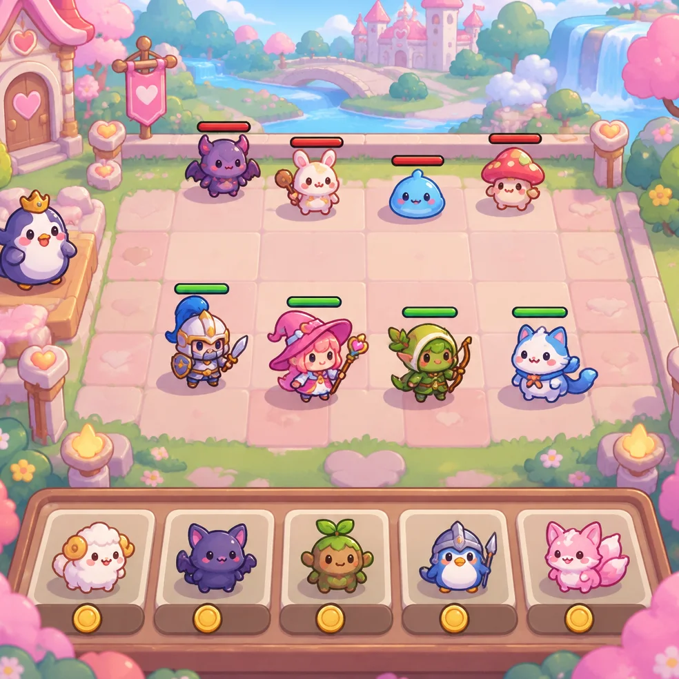Card battler and autobattler game concept art in the candy cute look