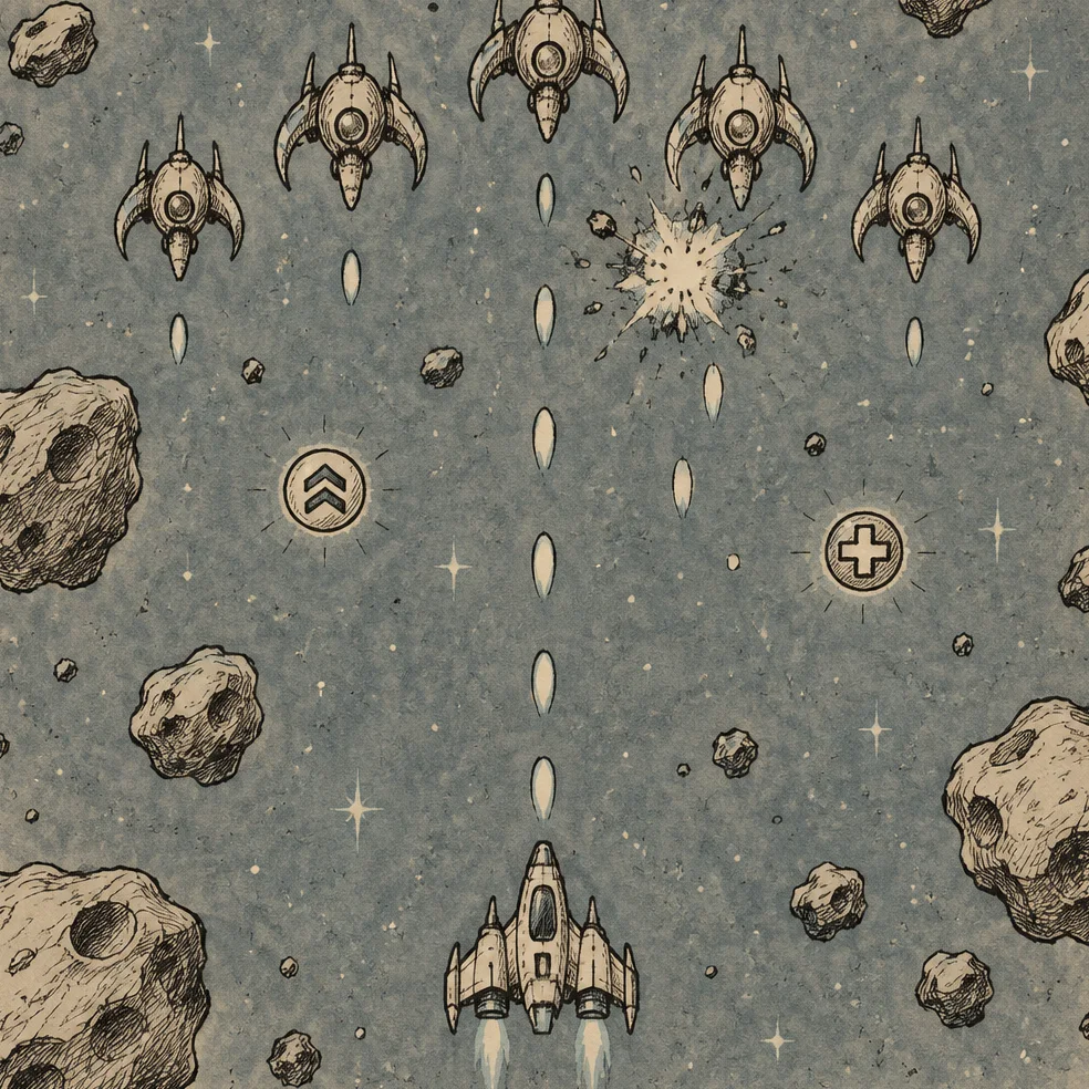 Arcade shooter game concept art in the ink sketch look