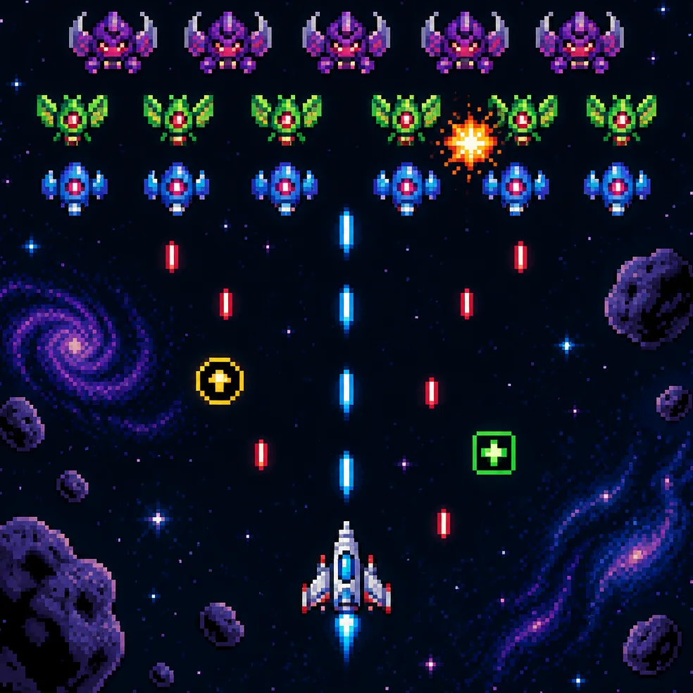Arcade shooter game concept art in the 16-bit pixel look