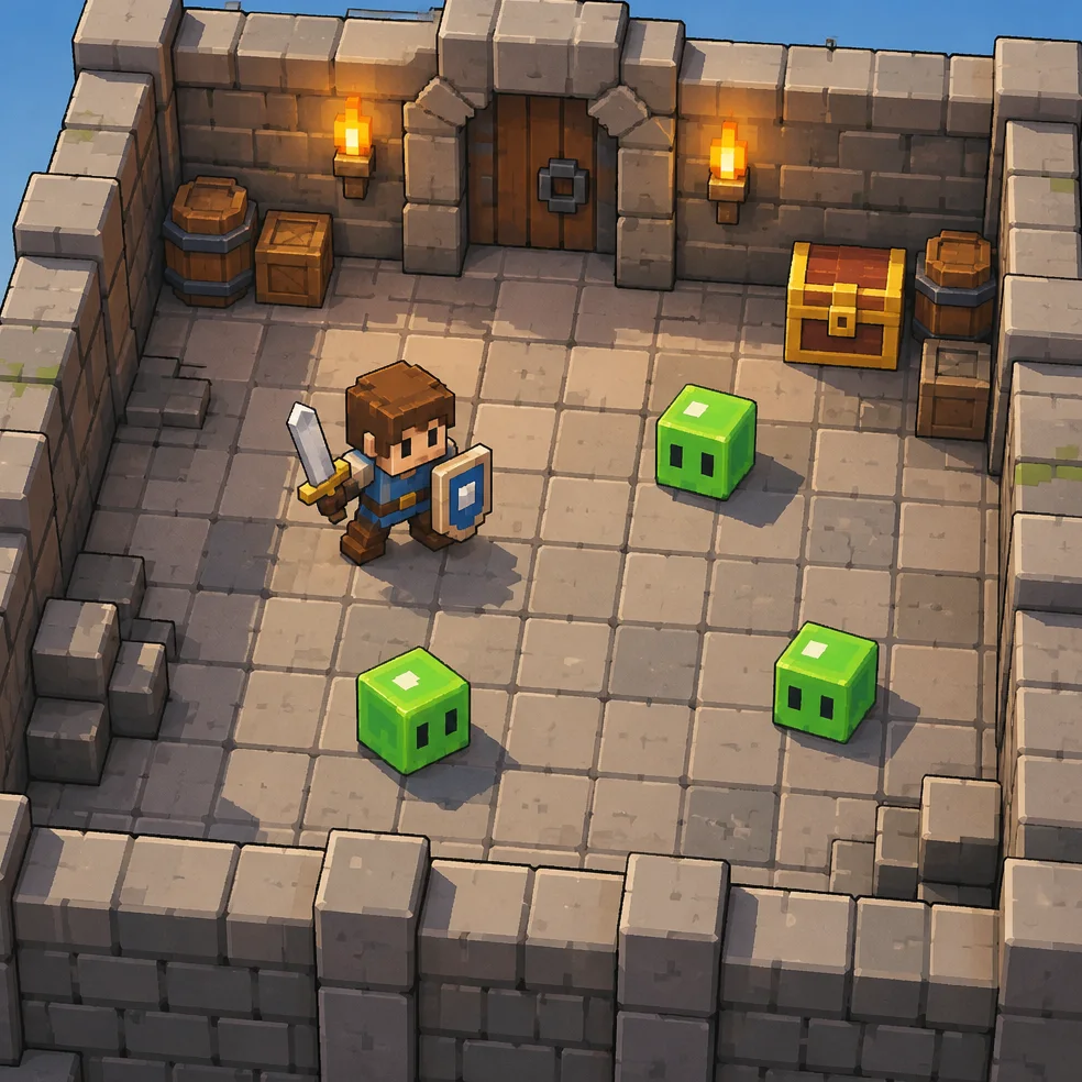 Top-down adventure game concept art in the voxel blocks look