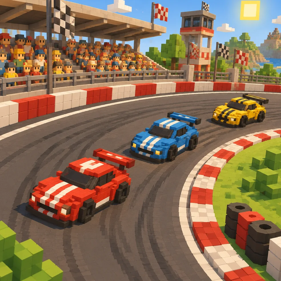 Racing game concept art in the voxel blocks look