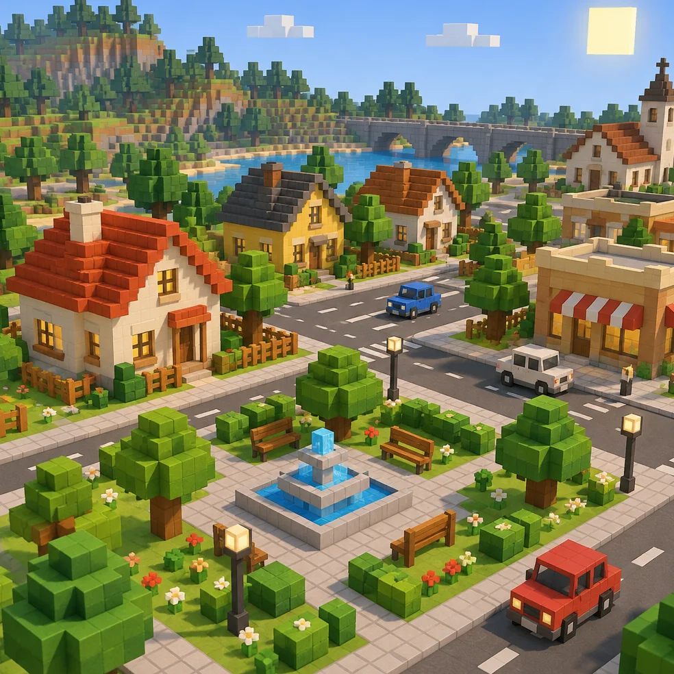 Town builder game concept art in the voxel blocks look
