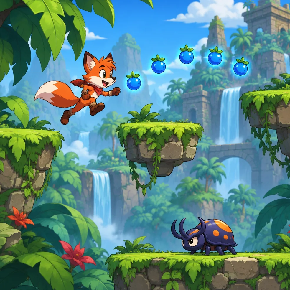 Platformer game concept art in the anime bright look