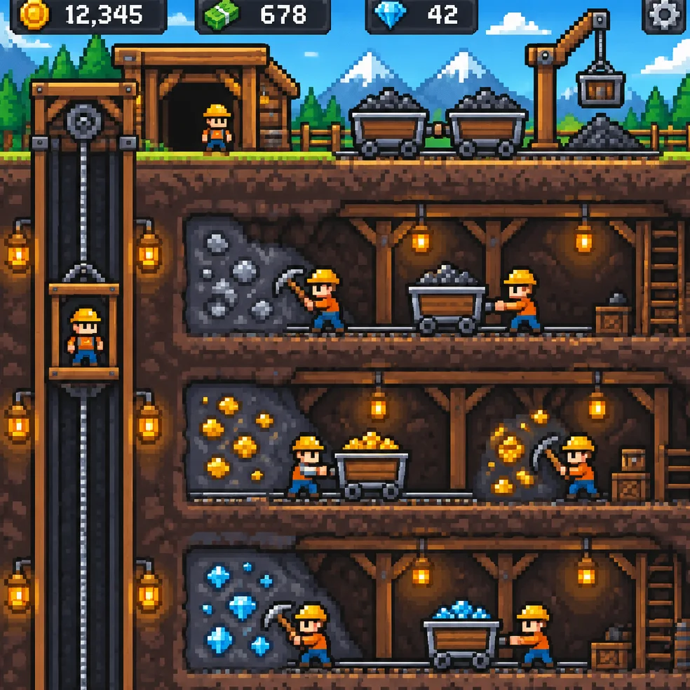 Idle and clicker game concept art in the 16-bit pixel look