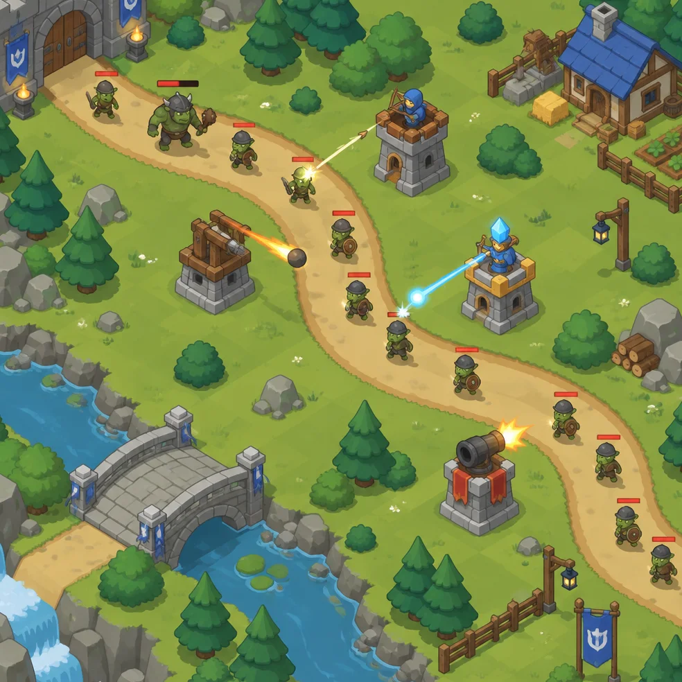 Tower defense game concept art in the isometric tiles look