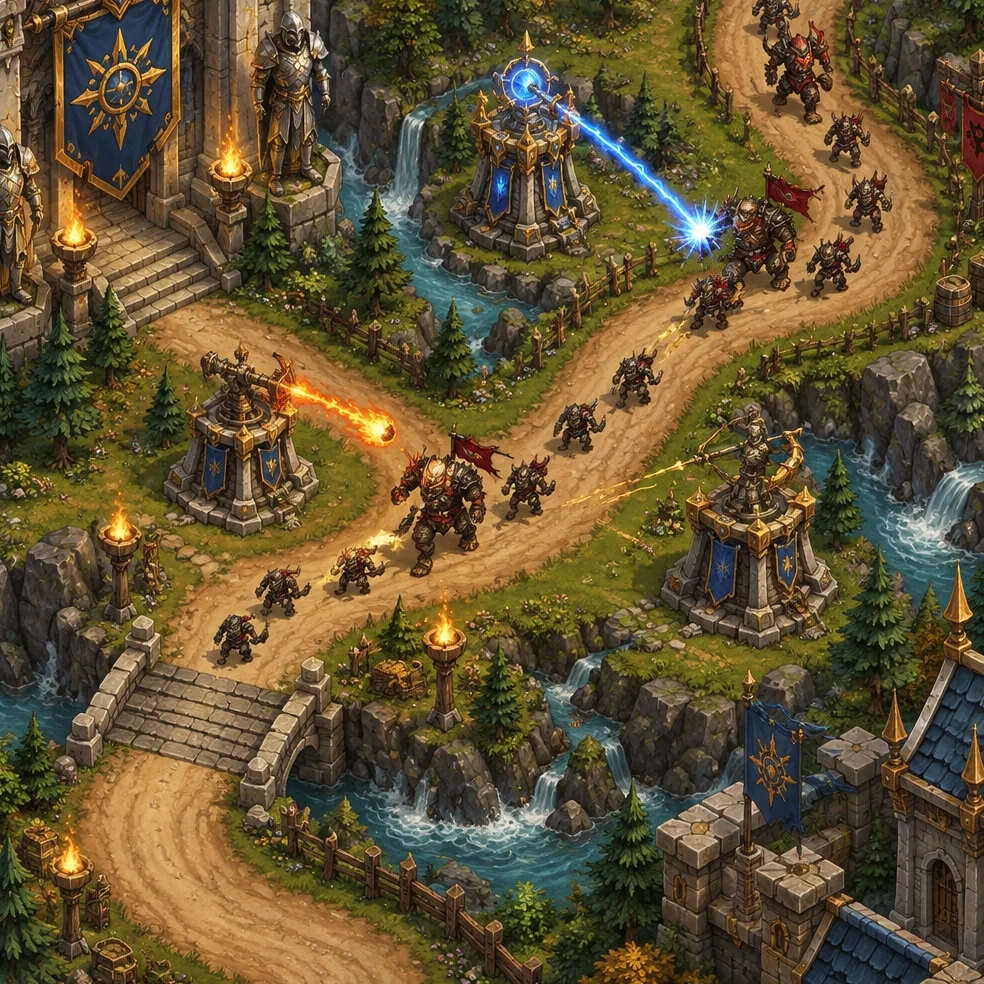 Tower defense game concept art in the gilded fantasy look