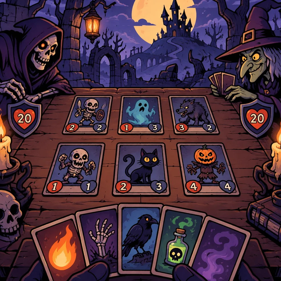 Card battler and autobattler game concept art in the spooky cartoon look