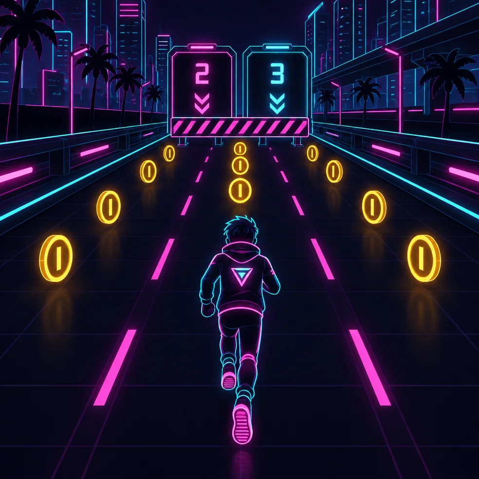 Runner game concept art in the neon night look