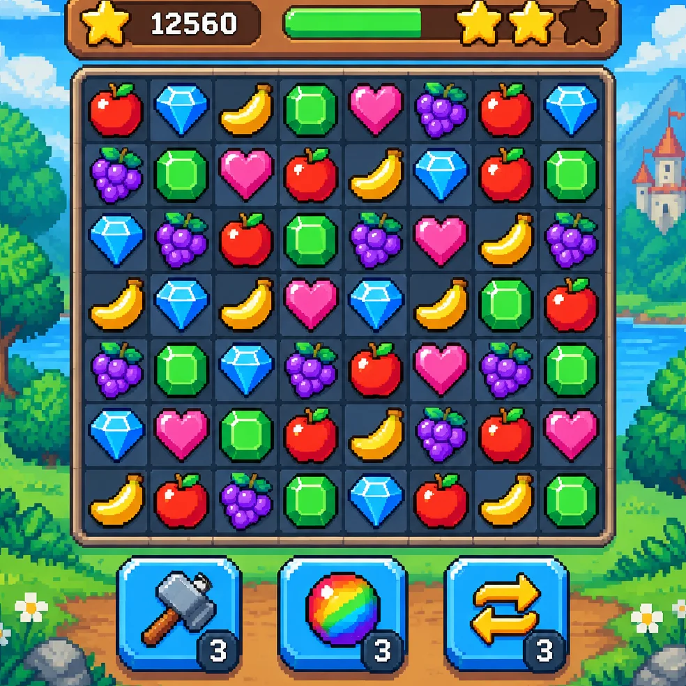 Match-3 puzzle game concept art in the 16-bit pixel look