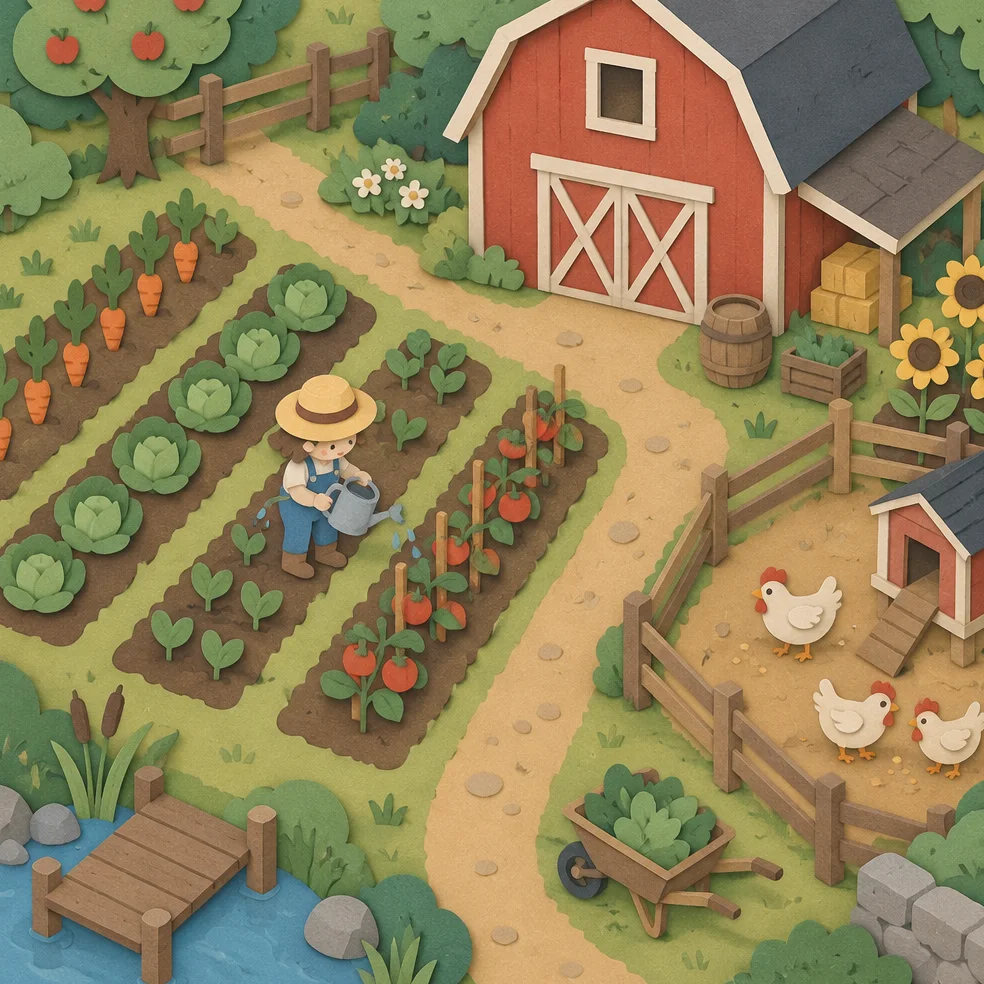 Cozy farm and garden game concept art in the paper craft look