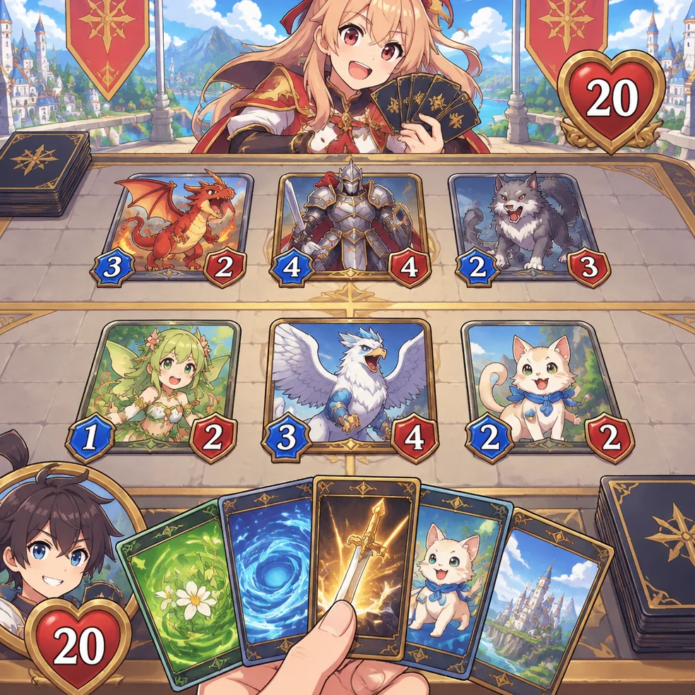 Card battler and autobattler game concept art in the anime bright look