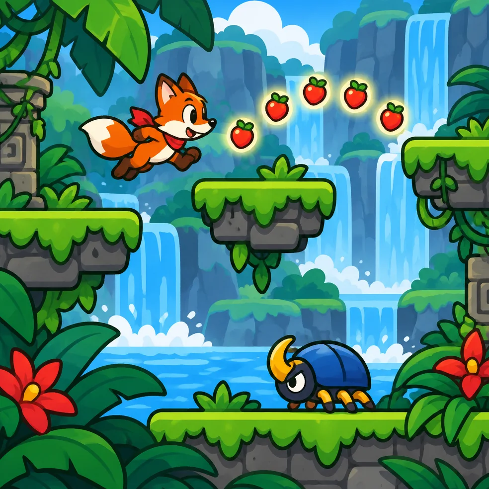 Platformer game concept art in the bright and bold look