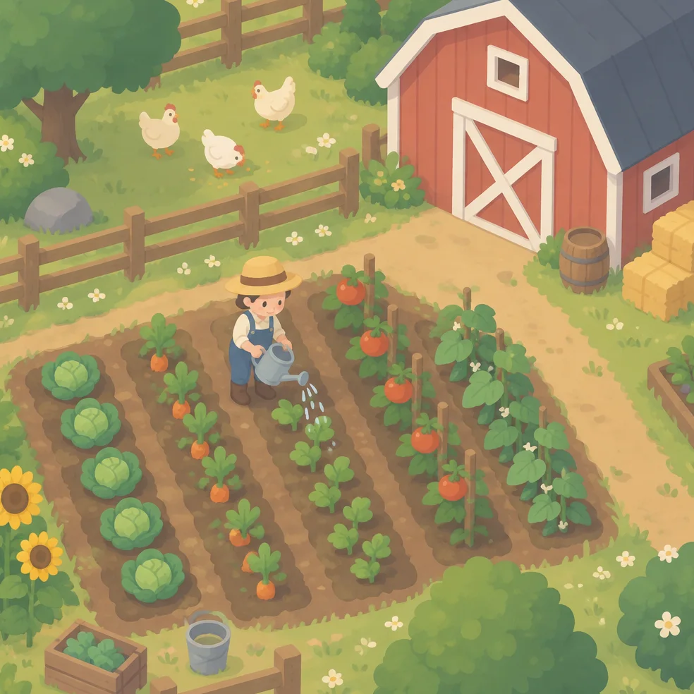 Cozy farm and garden game concept art in the soft pastel look