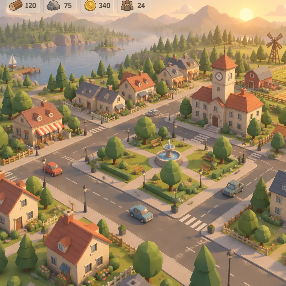Town builder game concept art in the tiny diorama look