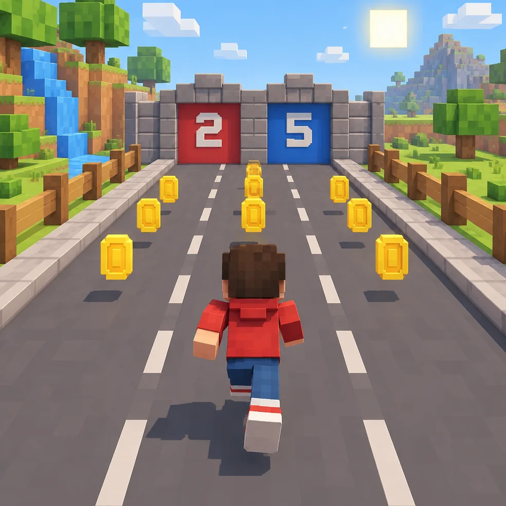 Runner game concept art in the voxel blocks look