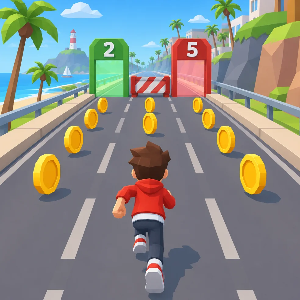 Runner game concept art in the low-poly daylight look