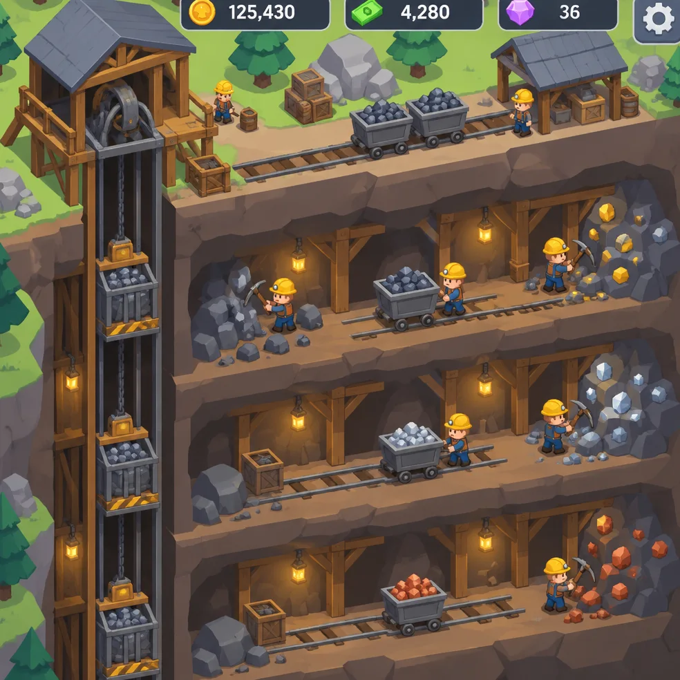 Idle and clicker game concept art in the isometric tiles look