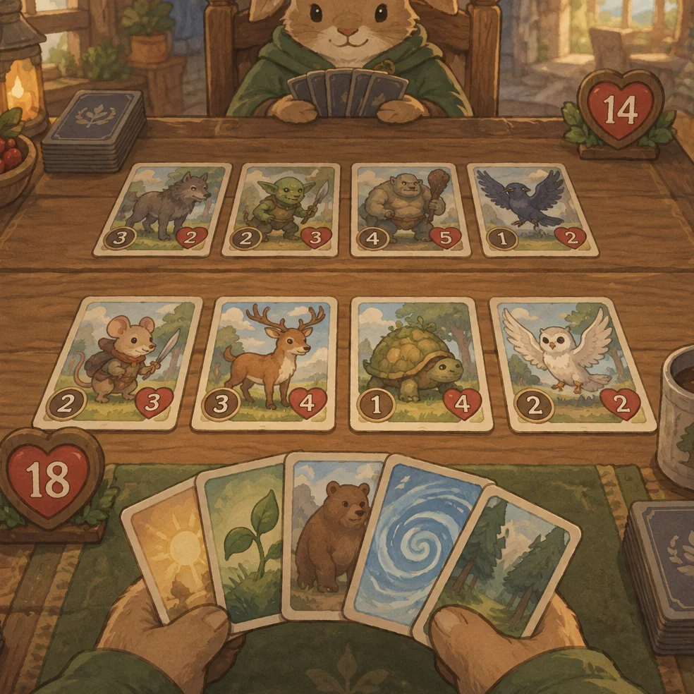 Card battler and autobattler game concept art in the painted storybook look