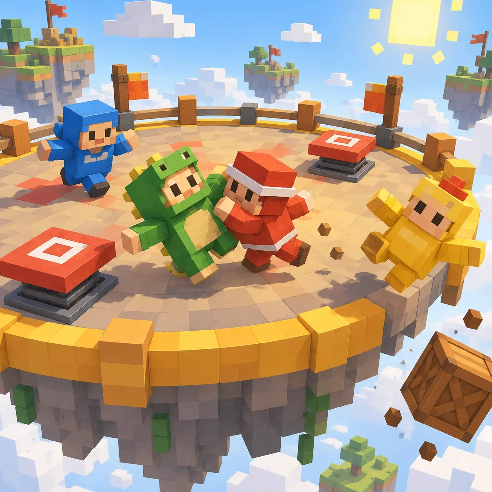 Party arena game concept art in the voxel blocks look