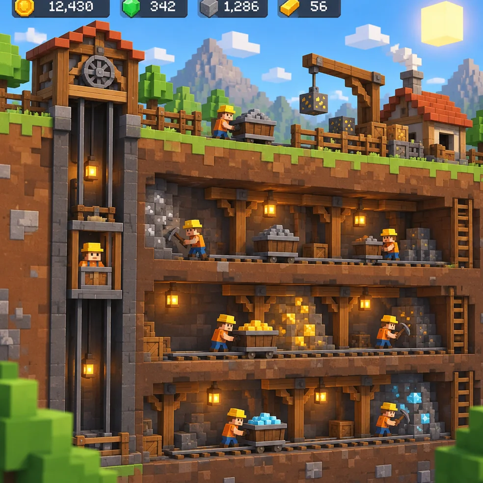 Idle and clicker game concept art in the voxel blocks look