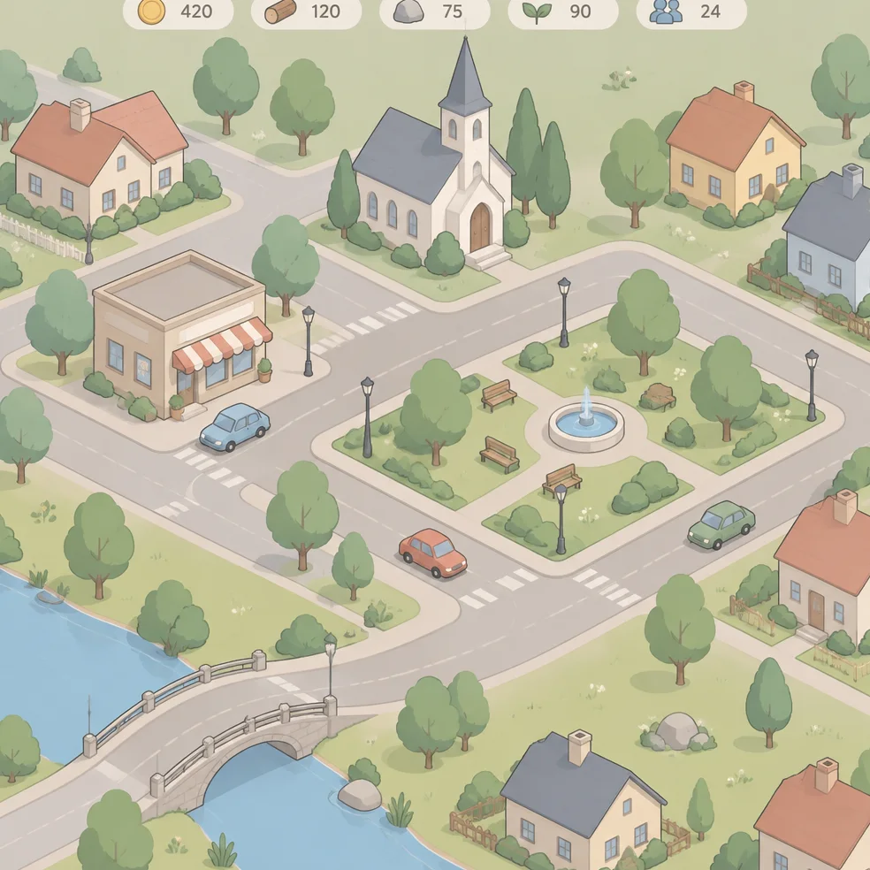 Town builder game concept art in the quiet minimal look