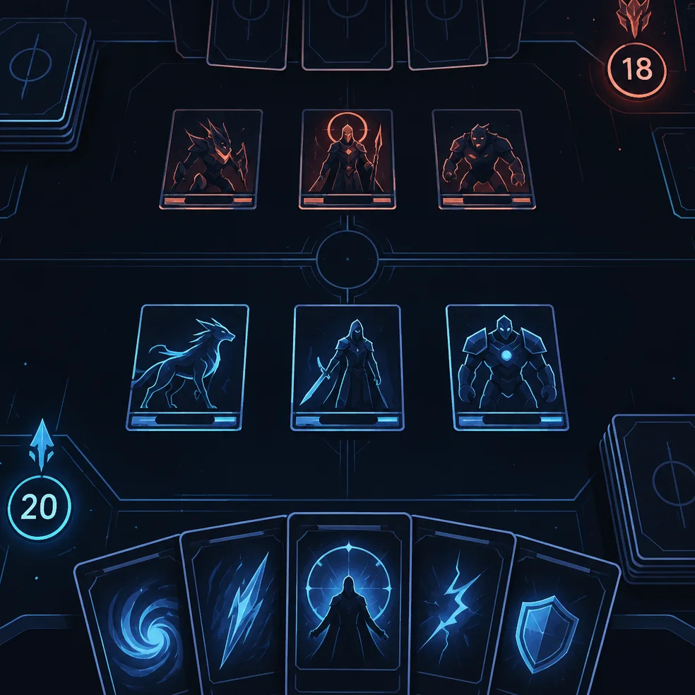 Card battler and autobattler game concept art in the clean neon look