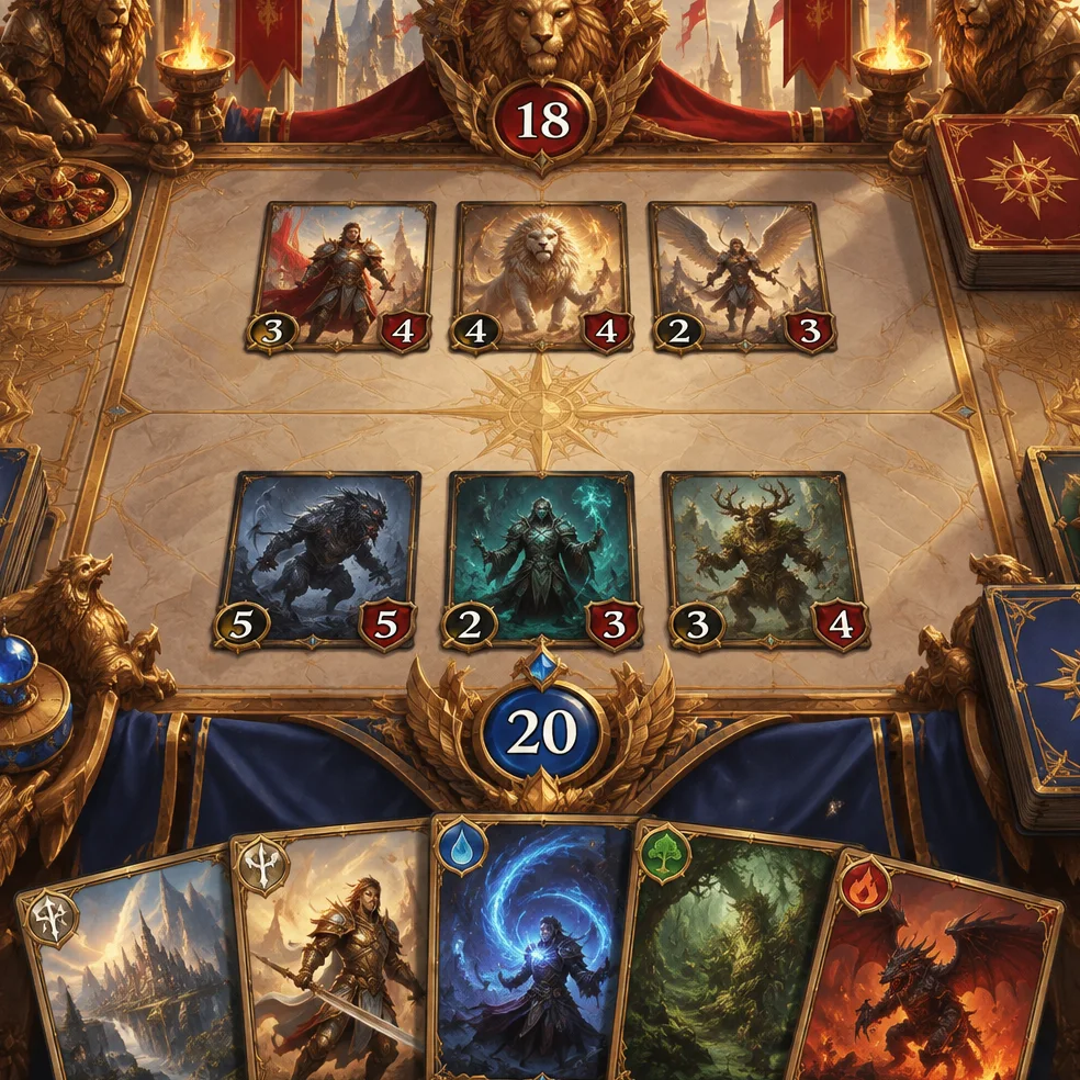 Card battler and autobattler game concept art in the gilded fantasy look