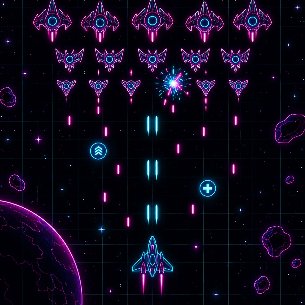 Arcade shooter game concept art in the neon night look