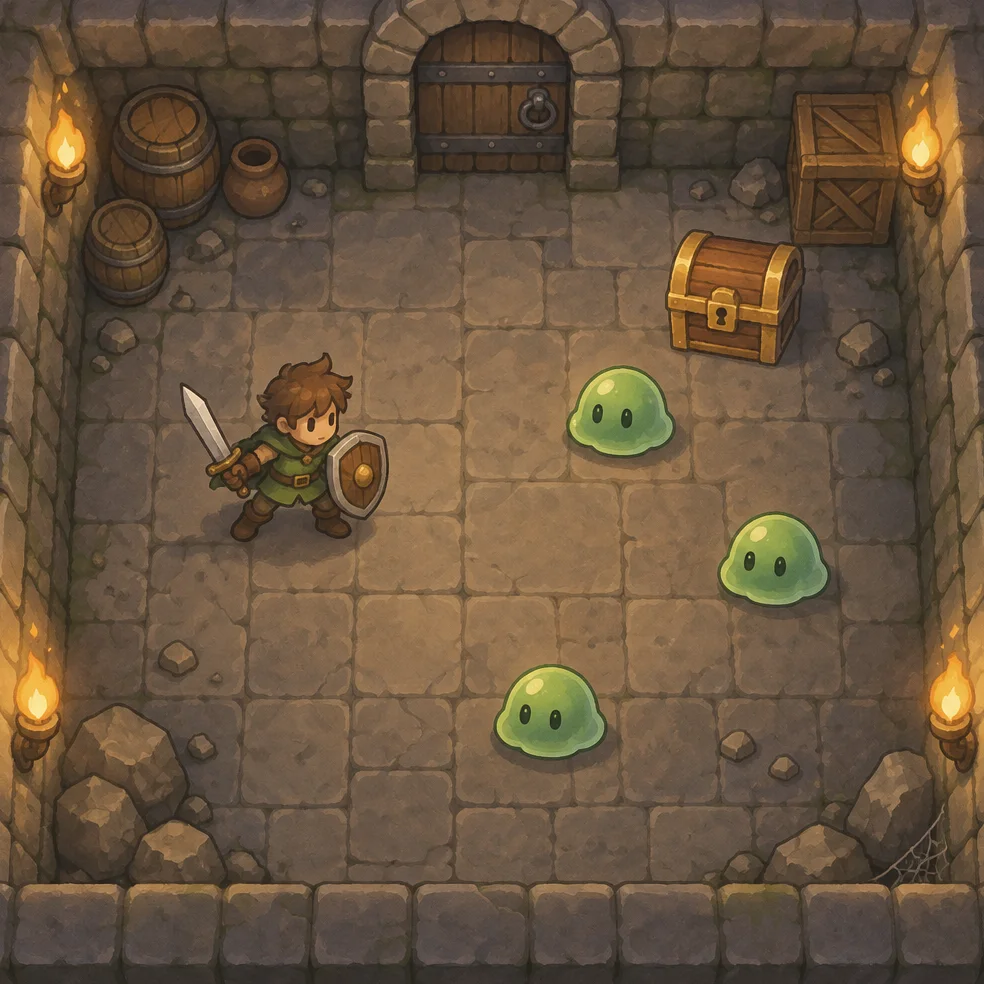 Top-down adventure game concept art in the painted storybook look