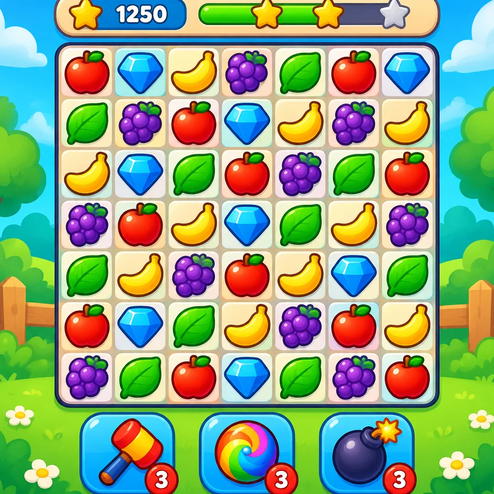 Match-3 puzzle game concept art in the bright and bold look