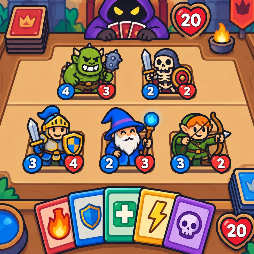 Card battler and autobattler game concept art in the bright and bold look