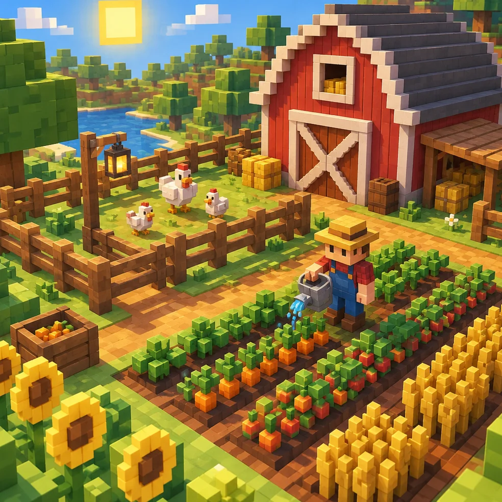 Cozy farm and garden game concept art in the voxel blocks look