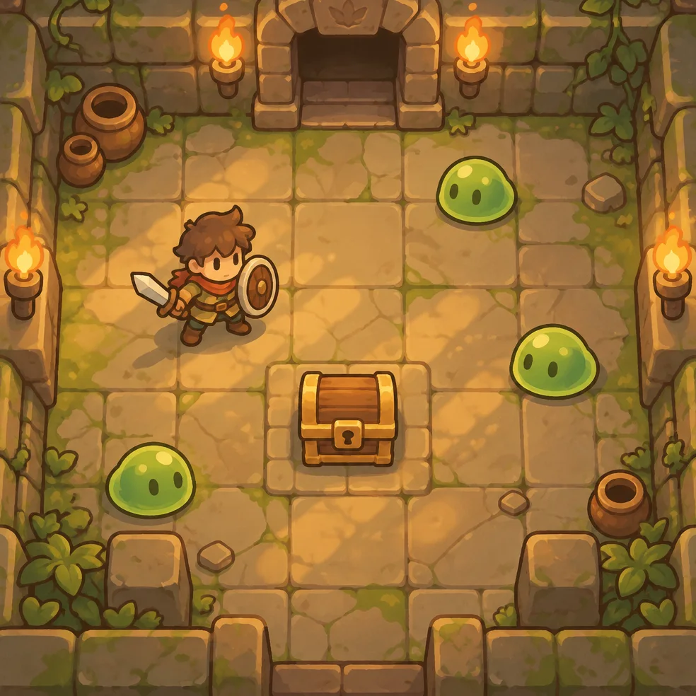 Top-down adventure game concept art in the cozy cartoon look