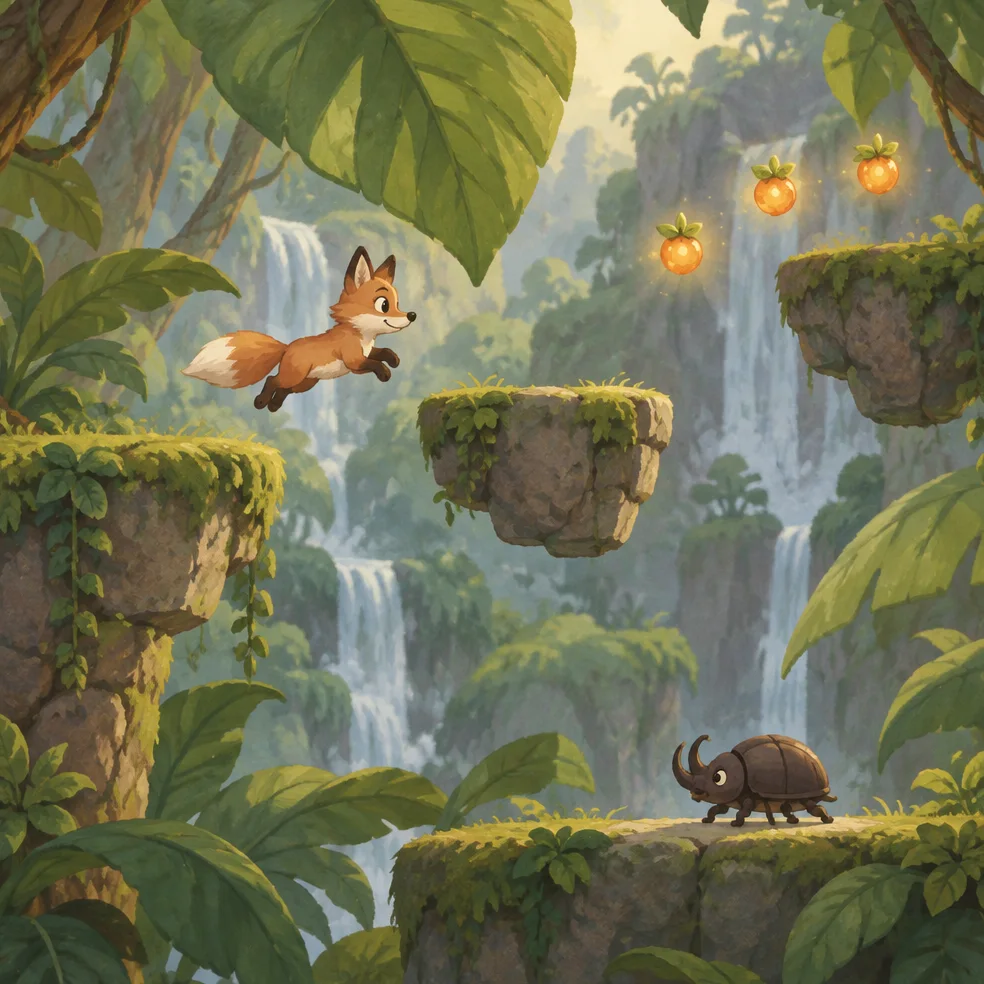 Platformer game concept art in the painted storybook look