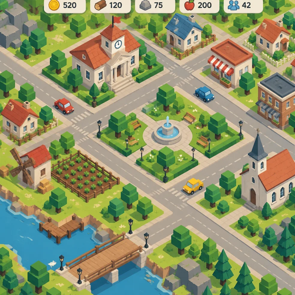 Town builder game concept art in the isometric tiles look