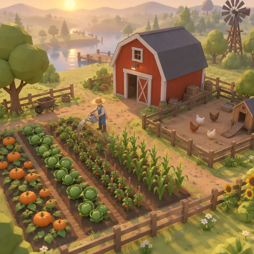 Cozy farm and garden game concept art in the tiny diorama look